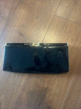 Black Patent Clutch Handbag with Gold Trim - Women Bags